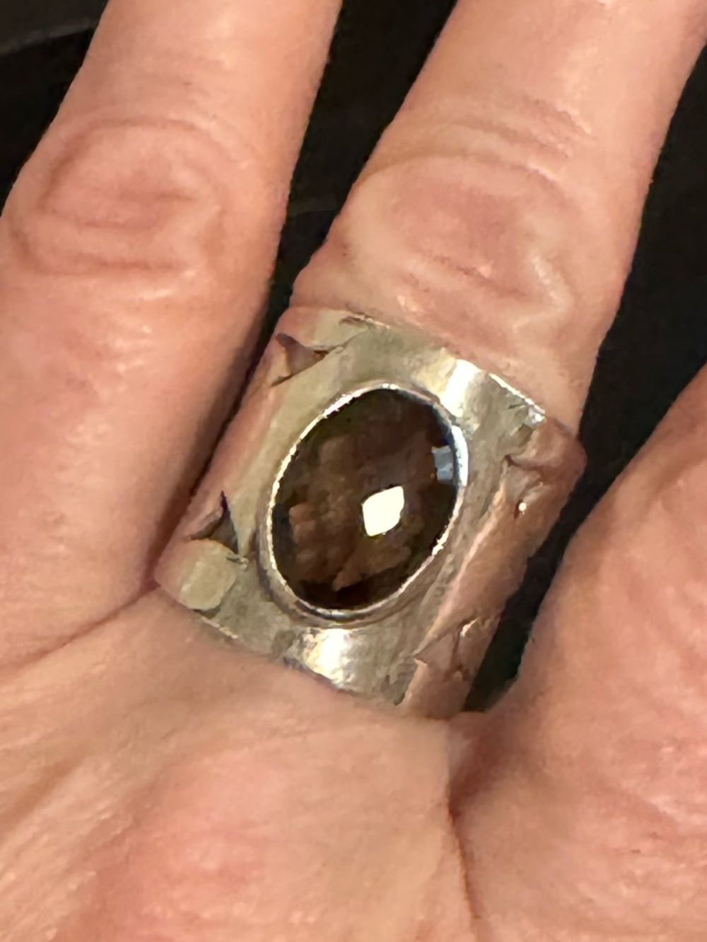 Sterling Silver Wide Band Ring with Brown Smokey Quartz stone.